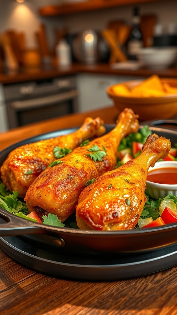 Crispy Electric Skillet Chicken Drumsticks Crispy chicken drumsticks on a plate with herbs and salad in a cozy kitchen.